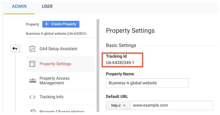 Eksempel på Google Analytics adminindstillinger med et tracking ID