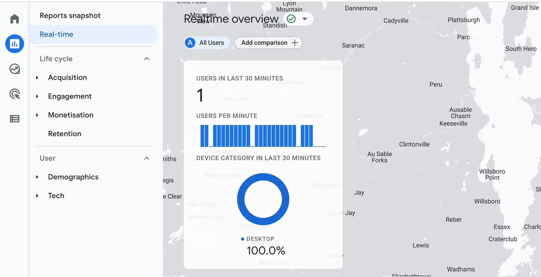 Google Analytics realtidsoversigt med en besøgende inden for de sidste 30 minutter
